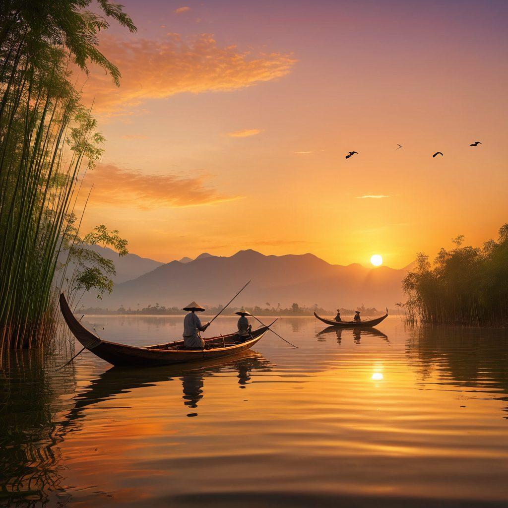 A romantic sunset over a serene Inle Lake, with traditional wooden boats gently gliding on the water. Incorporate vibrant colors reflecting the warm hues of twilight, alongside local fishermen casting nets and couples sharing intimate moments. Add traditional Myanmar cuisine spread on a beautifully arranged bamboo mat, surrounded by lush greenery and cultural artifacts. super-realistic. vibrant colors. 3D.