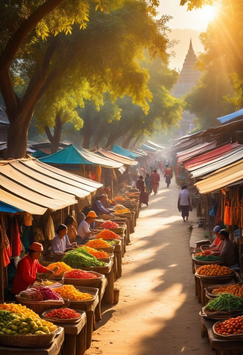 A captivating scene showcasing vibrant street markets in Myanmar, with locals engaging in traditional crafts and vivid clothing. Include an atmosphere filled with warm golden sunlight filtering through lush trees, and the serene backdrop of ancient pagodas. Illustrate the richness of cultural interactions, with a hint of local cuisine being shared among friends. super-realistic. vibrant colors. warm tones.