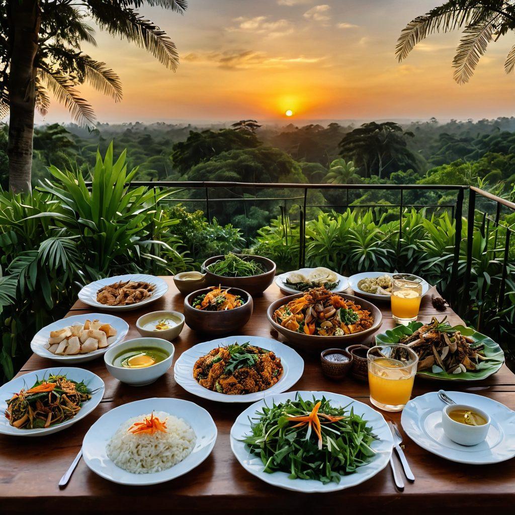 A beautifully arranged table showcasing vibrant Myanmar dishes, including mohinga and tea leaf salad, surrounded by lush tropical greenery. In the background, a romantic sunset casts a warm glow, enhancing the intimate atmosphere of a culinary experience. Incorporate local ingredients like lemongrass and rice, and feature traditional pottery to highlight culture. warm, inviting tones. super-realistic.